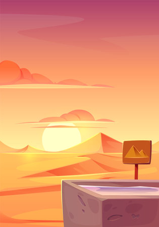 Desert landscape with golden sand dunes, stone drinker with water for animals and wooden banner with pyramids under pink dusk cloudy sky. Hot dry deserted background, Cartoon vector illustrationのイラスト素材