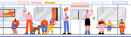 People inside of train or subway. Men, women and kids reading book, listen music, sit and stand with pets in metro wagon. Underground railway commuter with passengers, Linear flat vector illustrationのイラスト素材