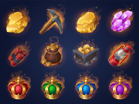 Game mining props icons dynamite, golden crowns, coins, money bag, pickaxe and crystal, trolley with gold ingots, dynamite and lantern gui design elements. Game assets, mine items Cartoon vector setのイラスト素材
