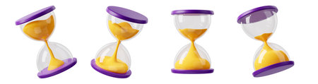 3D render hourglass, sand clock, time icons set. Vintage glossy watch countdown hours and minutes....