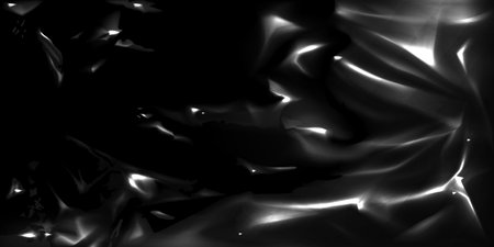 Plastic wrapper texture overlay, transparent stretch wrap, polyethylene film on black background. Food pack, crumpled cellophane package realistic mockup, graphic design template, Vector illustrationのイラスト素材