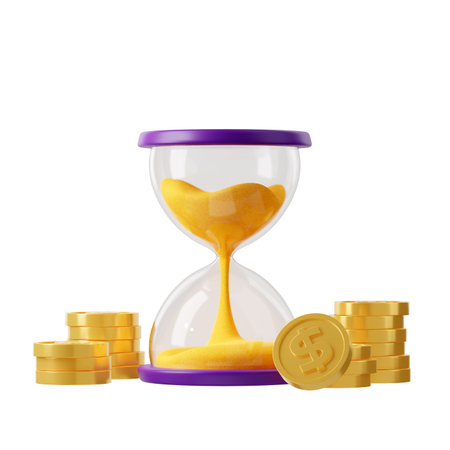 3d render hourglass with falling sand and gold coins. Time is money, income, investment finance...