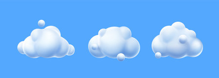 3d render white clouds, cute fluffy spindrift rounded cumulus eddies. Flying weather and nature design elements balloons isolated on blue background, illustration in cartoon plastic style, iconsのイラスト素材