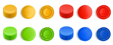 Colorful plastic bottle caps set isolated on white background. Realistic 3D illustration of yellow, red, green, blue screw lid top, side, upside down view. Mockup of cover for mineral water, beveragesのイラスト素材