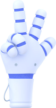 Robot hand show three fingers. Cyborg gesture, cyber machine with artificial intelligence or bionic mechanical arm, 3d render illustration isolated on white backgroundの写真素材