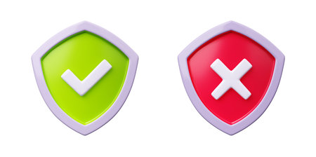 3D illustration set of green and red shield with check and cross marks isolated on white background. Access granted and denied, rejection and confirmation symbols. User interface design elementsの写真素材