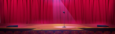 Stage with red curtains and microphone under spotlight beam. Podium for talent show, stand up amusement or TV entertainment with mic, stairs, illumination and chairs, Cartoon vector illustrationのイラスト素材