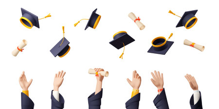 Happy students throw up graduation caps and certificate scrolls in air. People hands, flying black academic hats and rolled diplomas on white background, 3d render illustrationの写真素材