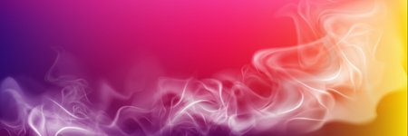 Realistic smoke on abstract colored background. White fog or fume wave in neon purple, pink and yellow light, aroma steam, vapor, template for banner, hookah bar ads, Vector illustrationのイラスト素材