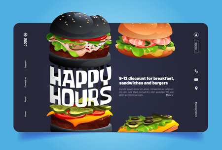 Happy hours cartoon landing page with tasty burgers. Fast food promotional event in takeaway fastfood restaurant, cafe or bistro. Junk meals menu offer for traditional hamburgers, Vector web bannerのイラスト素材