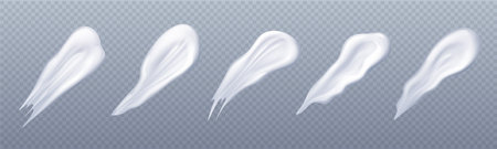 Cosmetic cream smear, toothpaste smudge realistic vector set illustration. White product sample, makeup concealer or clay, cosmetic face mask or serum texture swatch isolated on transparent backgroundのイラスト素材