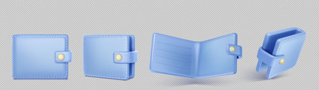 3d icon of blue wallet with pockets for money cash and bank cards isolated on transparent background. Open and closed purse in front and angle view, vector illustrationのイラスト素材