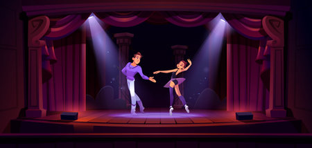 Ballet dancers couple dance on theater stage with red curtains and spotlights. Ballerina in tutu performs with man wear artistic costumes on classic scene in light beams, Cartoon vector illustrationのイラスト素材