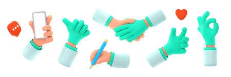3d render, doctor hands, medical staff palms in robe and gloves ok and thumb up gestures, handshake,...