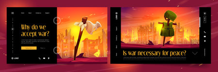 Websites about war with destroyed city with fire, smoke, broken houses, white flag of surrender, body armor and helmet on pole. Vector banners of military conflict with cartoon illustrationのイラスト素材