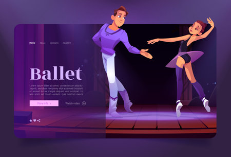 Ballet cartoon landing page with ballerina and dancer man on stage. Invitation to performance or tickets online booking service. Pair of artist on scene, Vector web banner for choreography event promoのイラスト素材