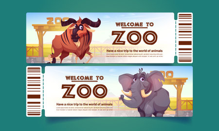 Zoo tickets with wild african animals buffalo and elephant. Pass coupons, invitation in national outdoor safari park, admit one cards with bar code and separation line, Cartoon vector templatesのイラスト素材