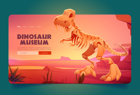 Dinosaur museum cartoon landing page. Historical Educational prehistory online portal interface with trex skeleton. Paleontology studying, virtual exhibition, ticket booking service Vector web bannerのイラスト素材