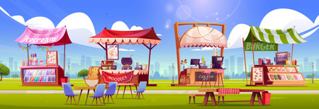 Street food market stalls standing in public park on sunny day. Cartoon vector illustration of colorful shops selling ice cream, cooking noodles, coffee, burgers outdoors. Silhouettes of city buildingsのイラスト素材
