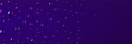 Pure clear water drops with reflection of neon pink light. Banner template with transparent dew, raindrops on purple background and copy space, vector realistic illustrationのイラスト素材