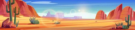 Desert of Africa or Wild West Arizona natural landscape. Cartoon panoramic background, game location with yellow sand, cacti, rocks under blue sky with clouds, vector illustrationのイラスト素材