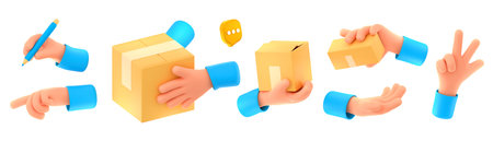 3d render, courier hands with carton boxes, shipping and delivery service, arms with parcels giving,...