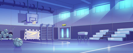 School gymnasium, sport gym interior with soccer gate, basketball balls in cart, wall bars, tribune and pommel horse at night, vector illustration in contemporary styleのイラスト素材