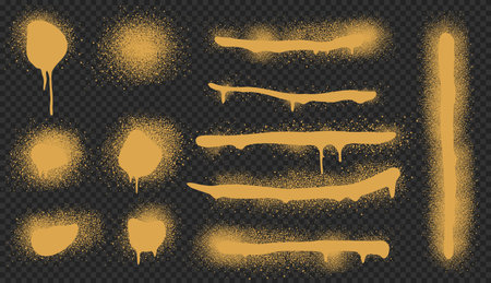 Spray paint drips and lines, golden ink splatters, brush stains with graffiti effect. inky blots in urban street style, blobs or stripes. Design elements isolated on transparent background, Vector setのイラスト素材