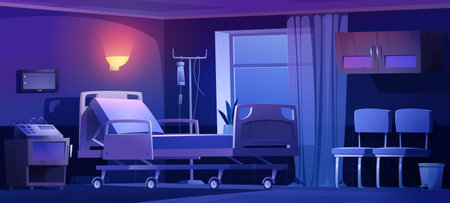 Private hospital chamber with medical bed and modern equipment for health monitoring. Individual resuscitation room in clinic with comfortable sleeping place for patient at night, vector illustrationのイラスト素材