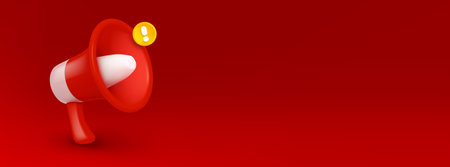 Loudspeaker, megaphone on red background. Announce, attention or alert banner with red and white loud speaker with exclamation point and copy space, vector 3d illustrationのイラスト素材