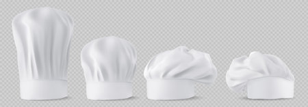 Chef hats, cook caps and baker toques realistic mockup. White restaurant uniform headwear, professional small, medium and tall french style clothing of kitchen staff, 3d vector illustrationのイラスト素材