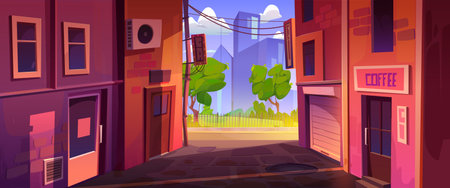 Alleyway with store and coffee house doors in buildings and view to summer city park and skyscrapers on horizon. Cityscape with empty back street alley, vector cartoon illustrationのイラスト素材