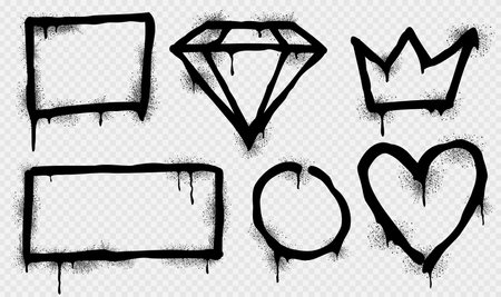 Spray paint frames, black brush graffiti borders square, round, diamond, heart, crown and rectangular shapes. Grunge airbrush drawing, inky contour forms with splashes, smudges isolated Vector setのイラスト素材