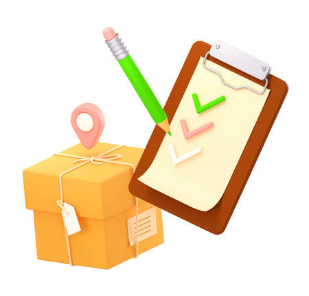 Cardboard box with cargo, checklist on clipboard and pencil. Warehouse control, delivery service, shipment business. Order box and paper check list, 3d render illustrationの写真素材