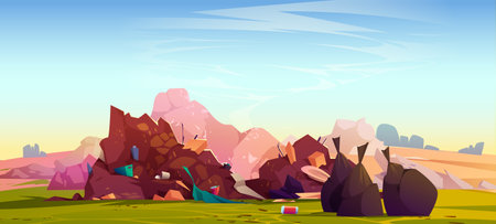 Landfill, environmental pollution concept with pile of unsorted garbage on nature landscape background. Messy wastes, rubbish, junk and dump, hazardous littering, Cartoon vector illustrationのイラスト素材