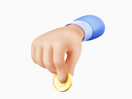 3d render hand giving coin, digital business concept of money payment, donation, salary, charity, corruption, gift, bribe, tax, alms or purchase, isolated vector Illustration in cartoon plastic styleのイラスト素材