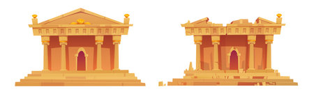 Set of preserved and ruined ancient building facade isolated on white background. Cartoon vector illustration of antique Greek or Roman temple with columns and stairs. Historic architecture landmarkのイラスト素材