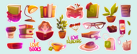 Stickers with books, reading girl, coffee, cup of tea, glasses, plants and desserts. Concept of reading hobby, education, literature, library with books icons, vector cartoon setのイラスト素材