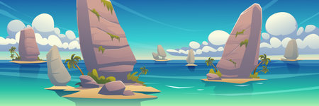 Tropical landscape with rock lumps in sea with moss, sand and palm trees in blue water under sky with fluffy clouds. Fantasy game background, 2d game location scene, Cartoon vector illustrationのイラスト素材
