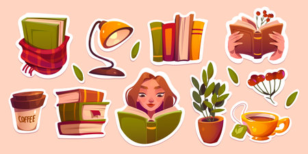 Love reading stickers pack, books pile, scarf, woman face and hands with open textbook. Table lamp, tea cup, potted plant, rowan berry and coffee mug patches design elements, Vector illustrationのイラスト素材