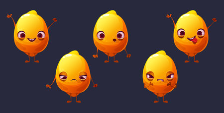 Cute lemon cartoon character face emoji set. Funny citrus fruit ui comic game personage, happy, rejoice, upset, sad, surprised, show tongue and angry emotions. Healthy food mascot, Vector illustrationのイラスト素材