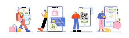 Online bill, payment via mobile phone concept. People use smartphone for shopping or bank financial transactions. E-wallets, digital modern pay technology and retail, Linear flat vector illustrationのイラスト素材