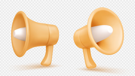 3d megaphone or loudspeaker render elements. Digital concept of notification, marketing time, online news, social media promotion. Realistic vector light brown bullhorn isolated on white backgroundのイラスト素材
