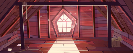 House attic interior, empty old mansard room with arched gothic window and spider webs. Spacious...