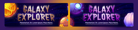 Galaxy explorer cartoon banners, cards with planets in outer space, cosmic travel futuristic design with dark starry sky. Cosmos and Universe exploration adventure, scientific trip vector templatesのイラスト素材
