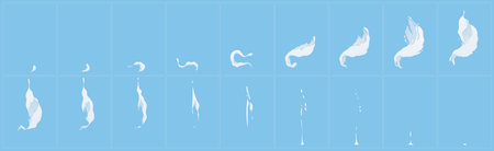 Milk splash animation, sprite, liquid swirl, splatters vfx game effect. Cartoon 2d liquid drops, white flow elements, explosion, burst, spatter blast, drip or ripple dynamic animated motion Vector setのイラスト素材
