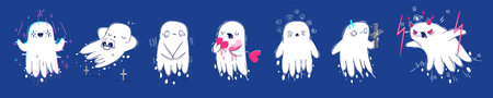 Cute ghosts cartoon Halloween character set. Funny spook creature emotions. Spooky spirits, smile,...