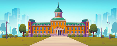 University or college campus building front view. High school educational institution yard with green trees and grass lawn. Classic city architecture summer landscape, Cartoon vector illustrationのイラスト素材