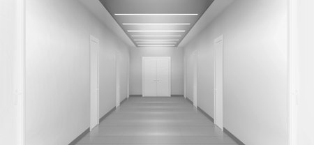 White empty corridor, 3d hospital, clinic or office hall with doors by sides perspective view. Modern ward, medical fascility, light room with lamps on ceiling, Realistic vector illustration, mock upのイラスト素材