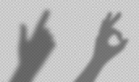 Shadow hand ok and pointing gestures, human arm shades overlay effect isolated on transparent background. Person show okay and point gesticulation signs on wall, Realistic vector illustrationのイラスト素材